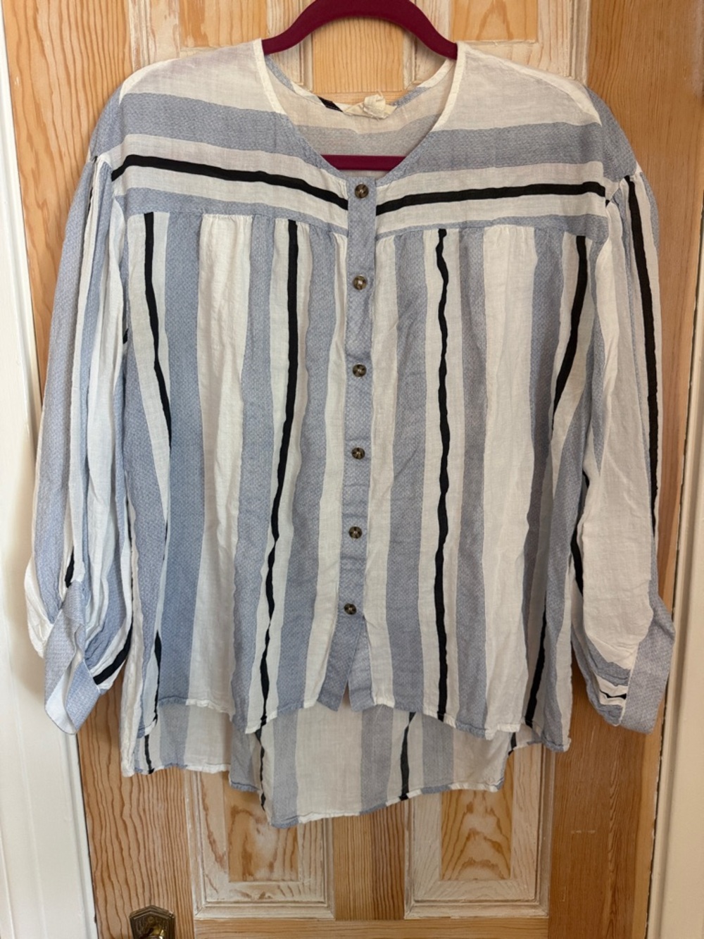 Light Blue & White Striped Button-Front Women's Top